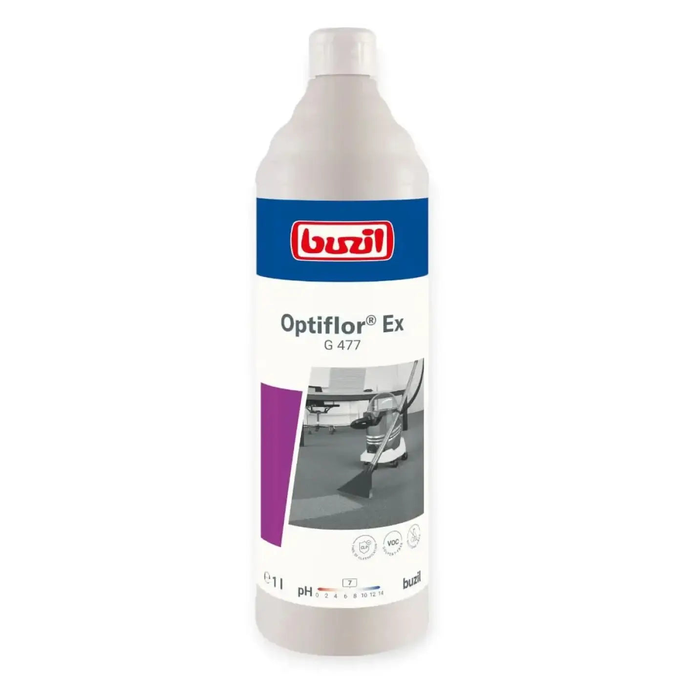 Weiße plastikflasche mit blau-rotem etikett und staubsaugerbild mit buzil optiflor ex g477 teppich-grundreiniger 1l