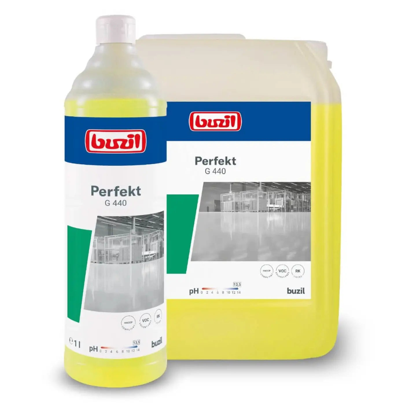Gelbe flüssigkeit in transparenter flasche und größerem undurchsichtigem behälter perfekt g 440 von buzil
