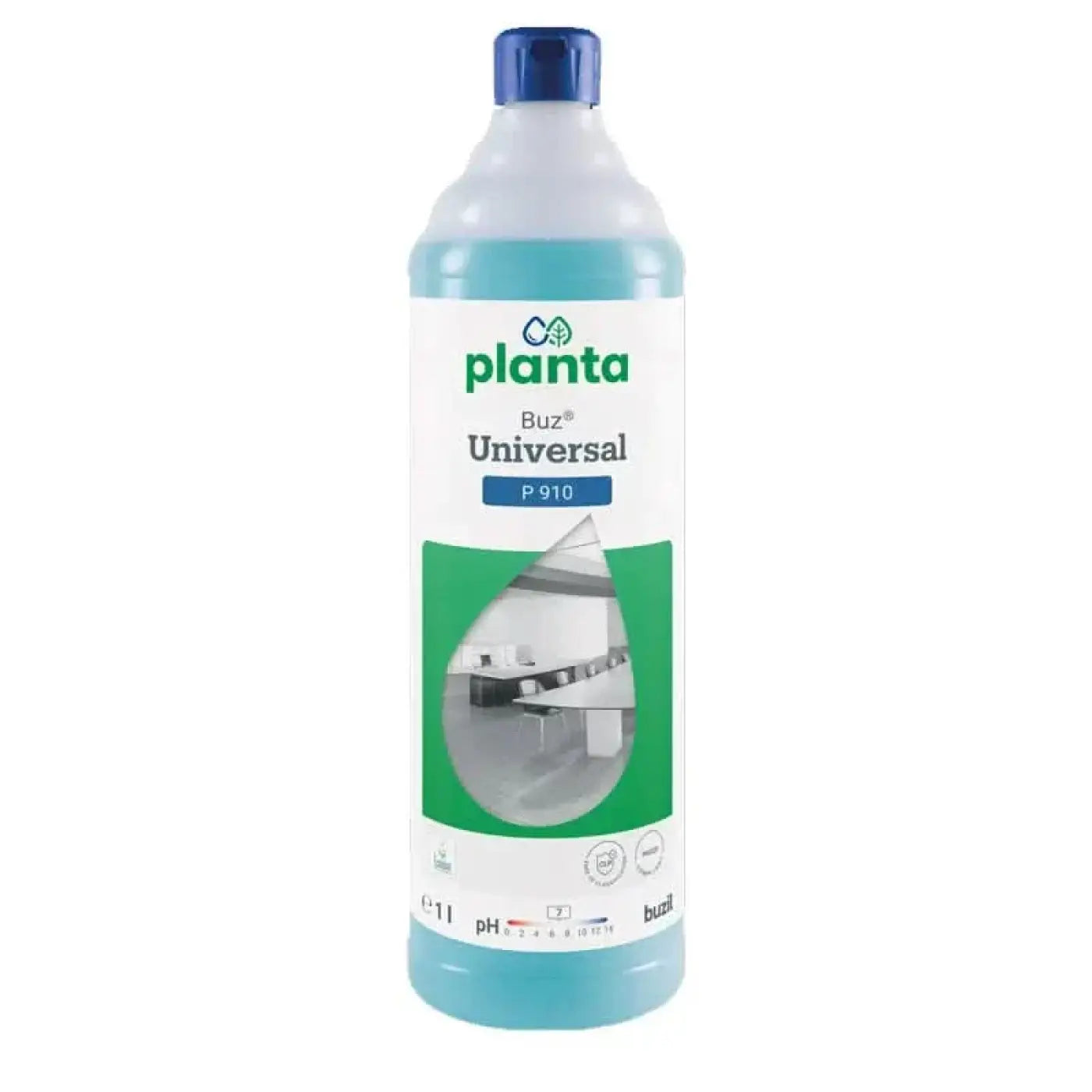 Eine durchscheinend blaue kunststoffflasche mit dunkelblauem deckel und beschriftung planta buz universal p 910 mit hellblauer flüssigkeit, universalreiniger von buzil plante buz universal p910 1l