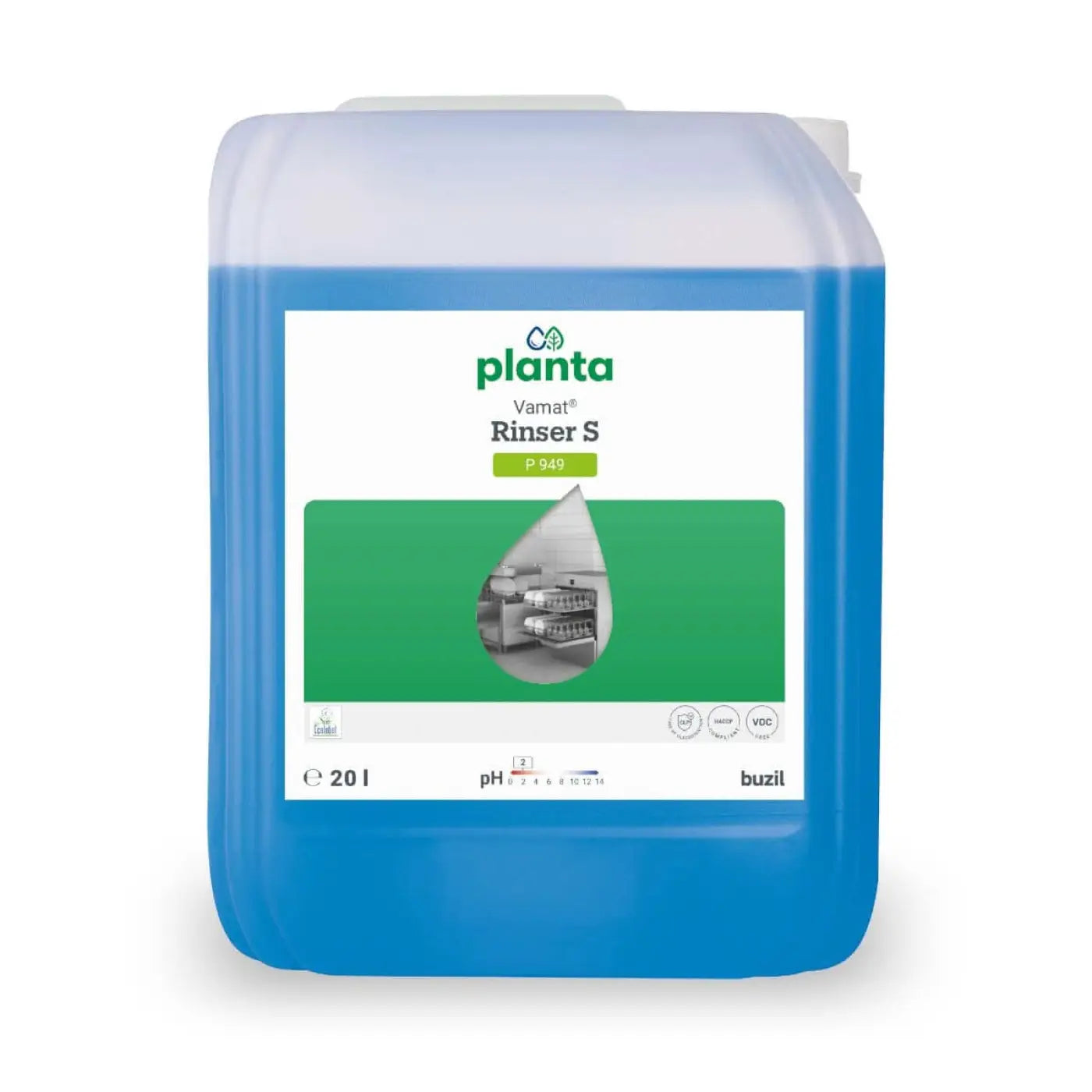 Blauer plastikbehälter mit buzil vamat rinser s p 949 klarspüler reinigungslösung