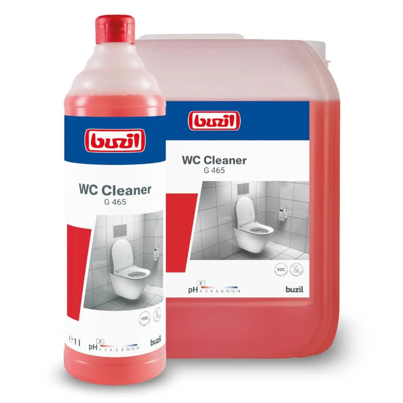 Buzil wc cleaner g465 sanitärgrundreiniger 1l mit roter flüssigkeit in kunststoffflasche und kanister