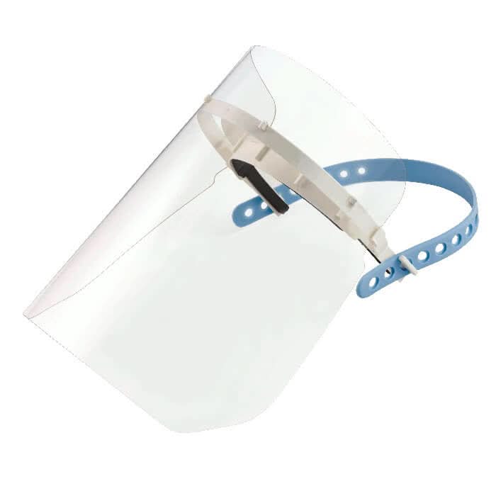 Pet gesichtsschutz transparent mit klarem kunststoffvisier und hellblauem verstellbarem kopfband aus plastik