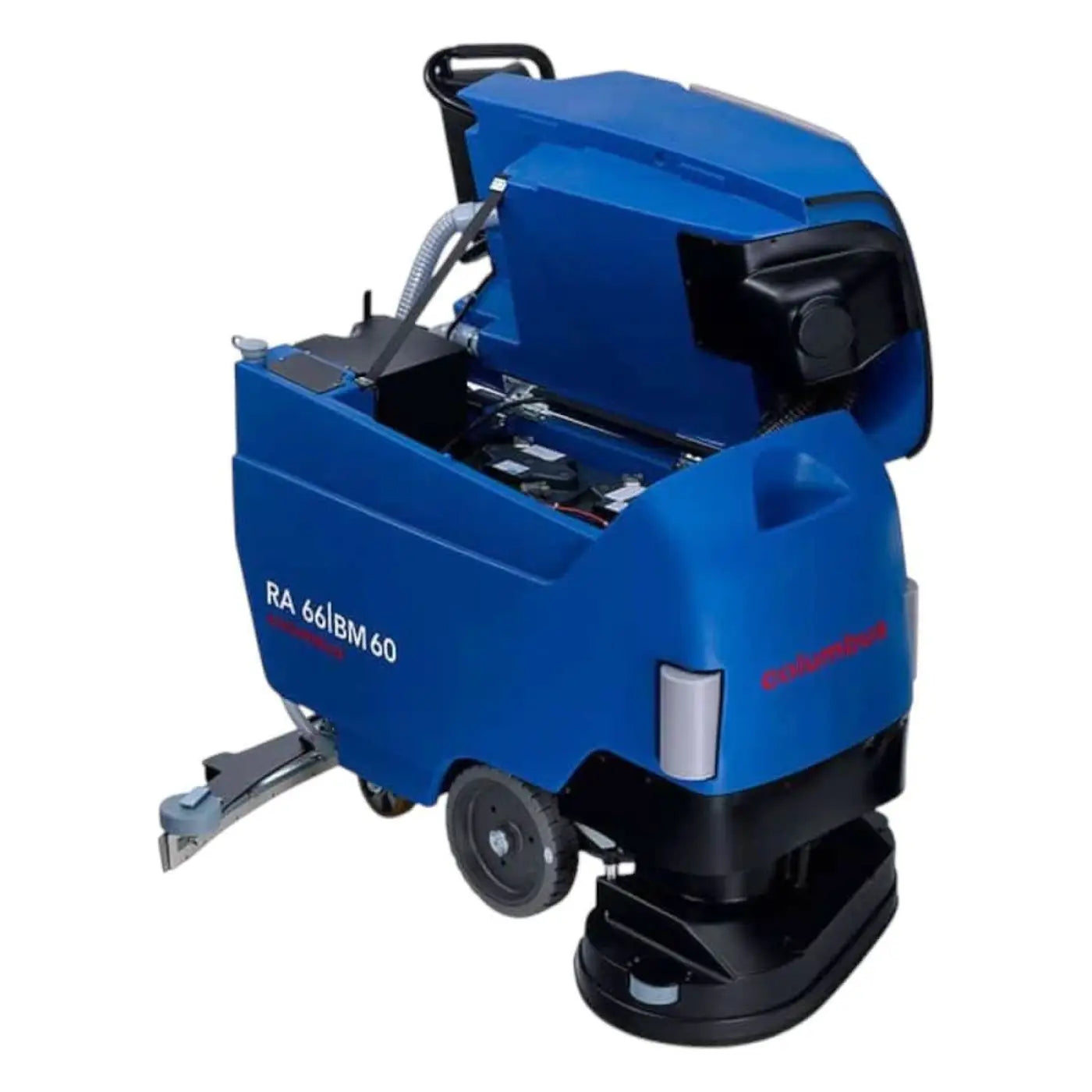 Blaue columbus ra 66 bm 60 ind scheuersaugmaschine mit schwarzen rädern und griff von hinten sichtbar