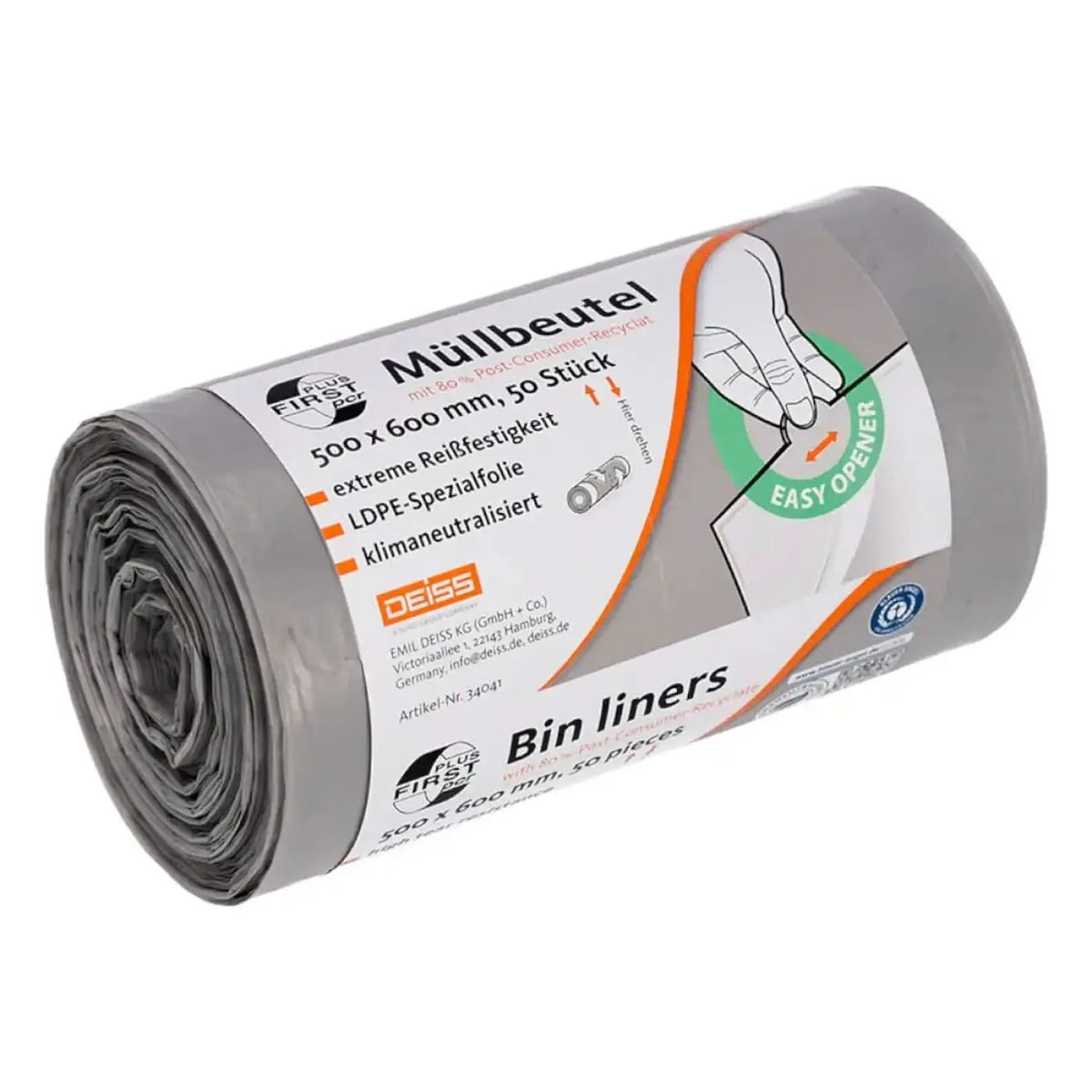 DEISS FIRST PLUS PCR Müllbeutel 30 Liter LDPE grau 34041 – Produktabbildung; Lieferumfang: 1296 Rollen