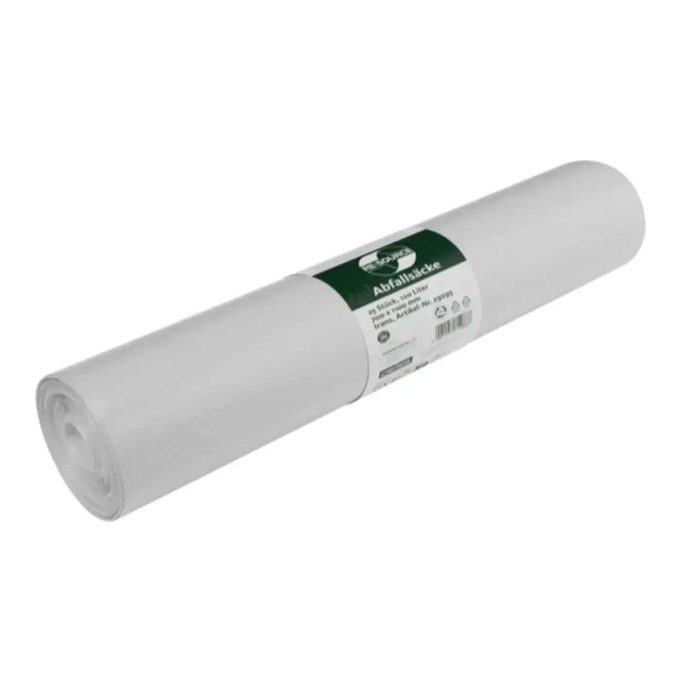 Eine rolle weiße plastikmüllsäcke von tesa mit grün weißem abfallsäcke aufkleber im DEISS RE SOURCE 120 liter design