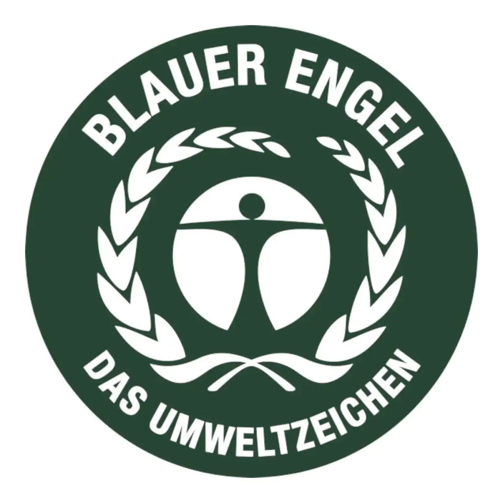 Dark green blauer engel emblem with white human figure and olive branch wreath on deiss re source transparent 120 liter trash bags