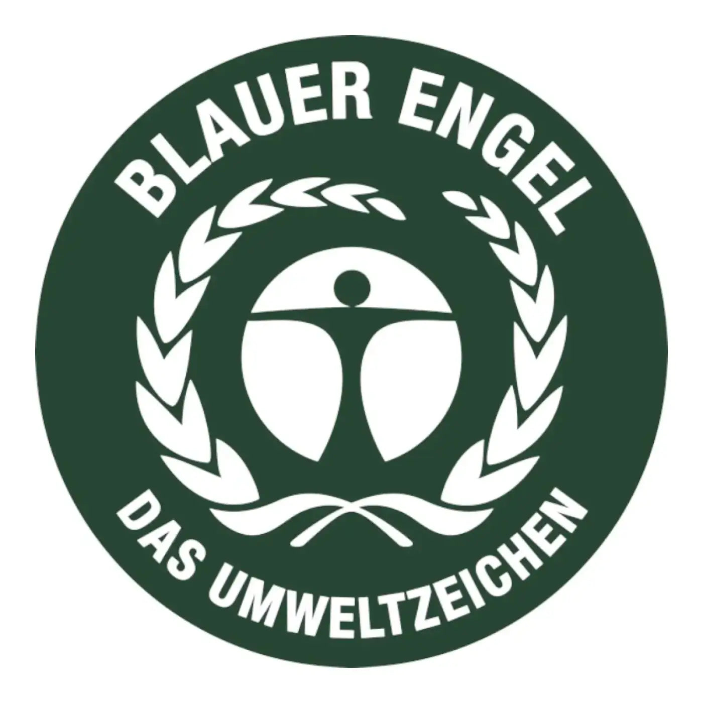Dark green blauer engel emblem with white human figure and olive branch wreath on deiss re source transparent 120 liter trash bags