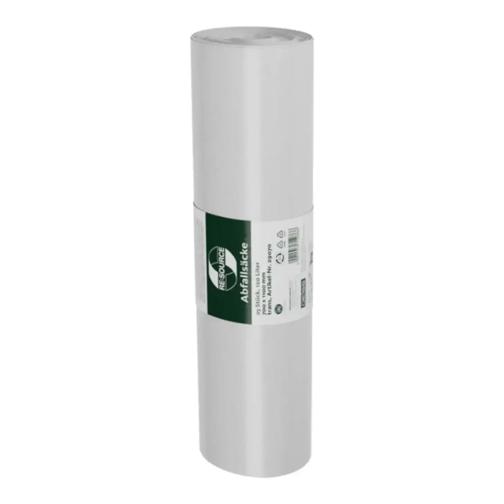 Ein rolle transparenter weißer plastikmüllsäcke mit grün weißem label re-source ablfallsäcke von deiss