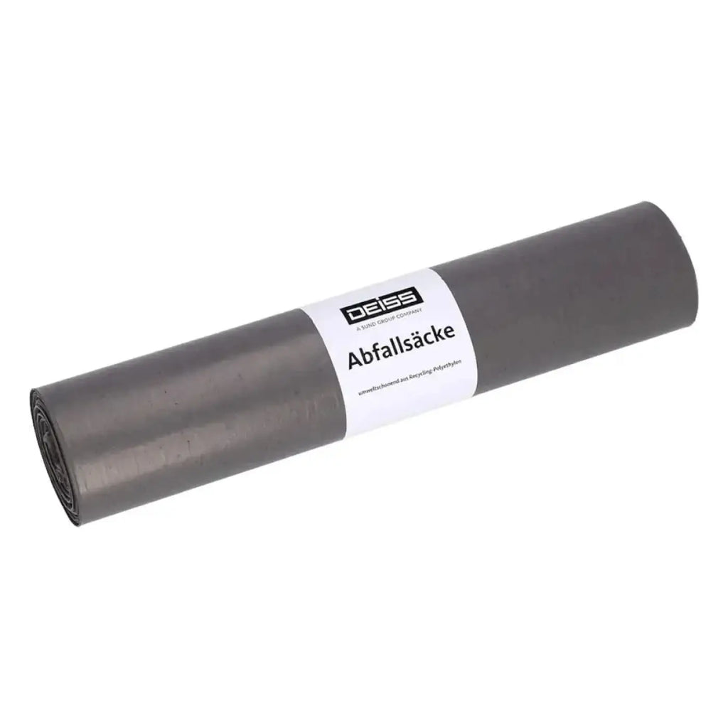 A roll of deiss standard 30 liter dark gray hdpe durable plastic trash bags with a white label