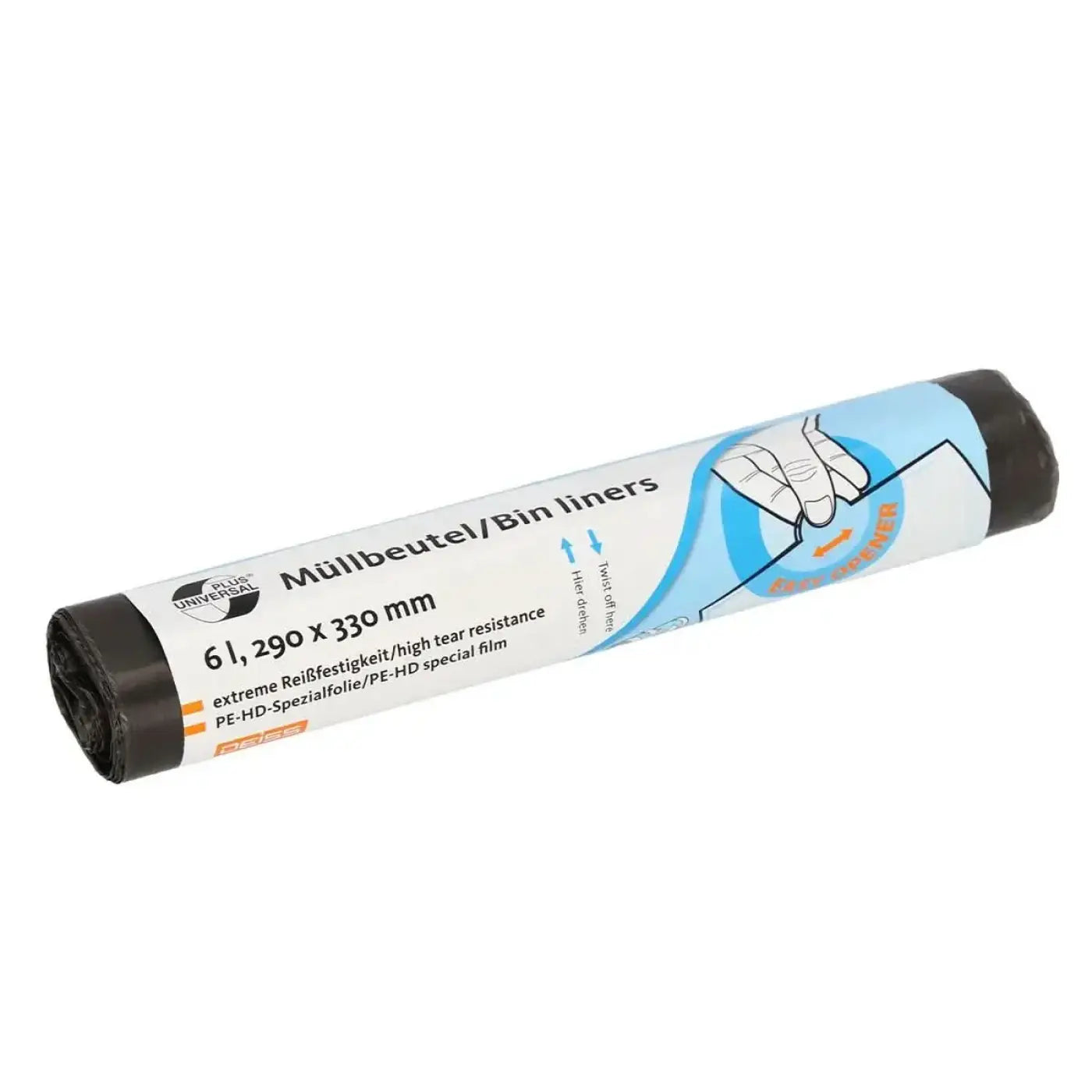 Schwarze rolle deiss universal plus 6 liter hdpe müllbeutel mit blauem und weißem aufkleberetikett