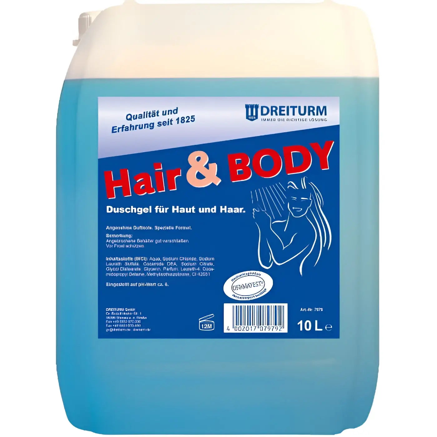 Blaues dreiturm hair & body shampoo und duschgel in einem 10 liter weißen kunststoffbehälter mit blauem etikett