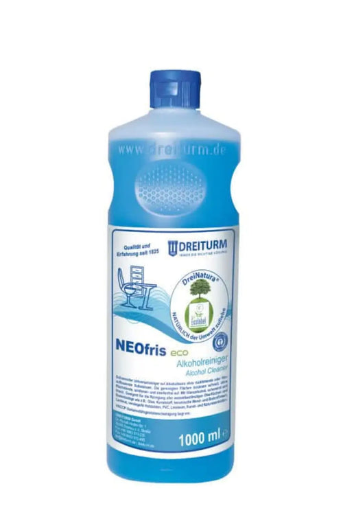 Blaue plastikflasche mit dreiturm neofris eco alkoholreiniger 1000 ml universalreiniger für haushalt und gewerbe