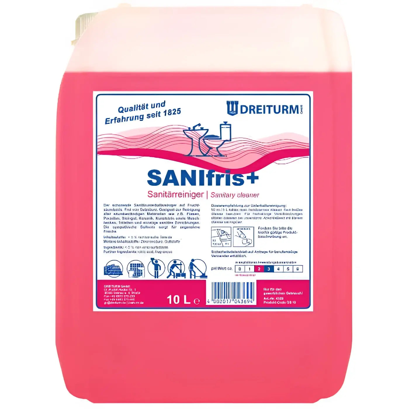 Rosa 10 liter plastikkanister dreiturm sanifris plus sanitärreiniger zur reinigung von sanitäranlagen
