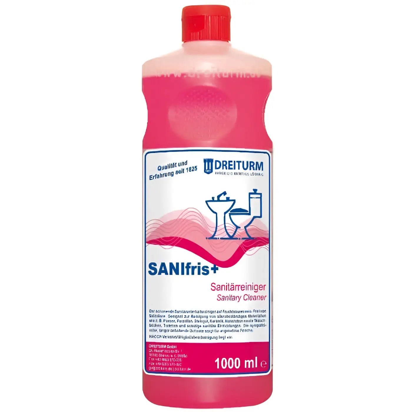 Pink flüssiger sanitärreiniger in 1000 ml flasche mit rotem deckel und weißem etikett der marke dreiturm sanifris plus