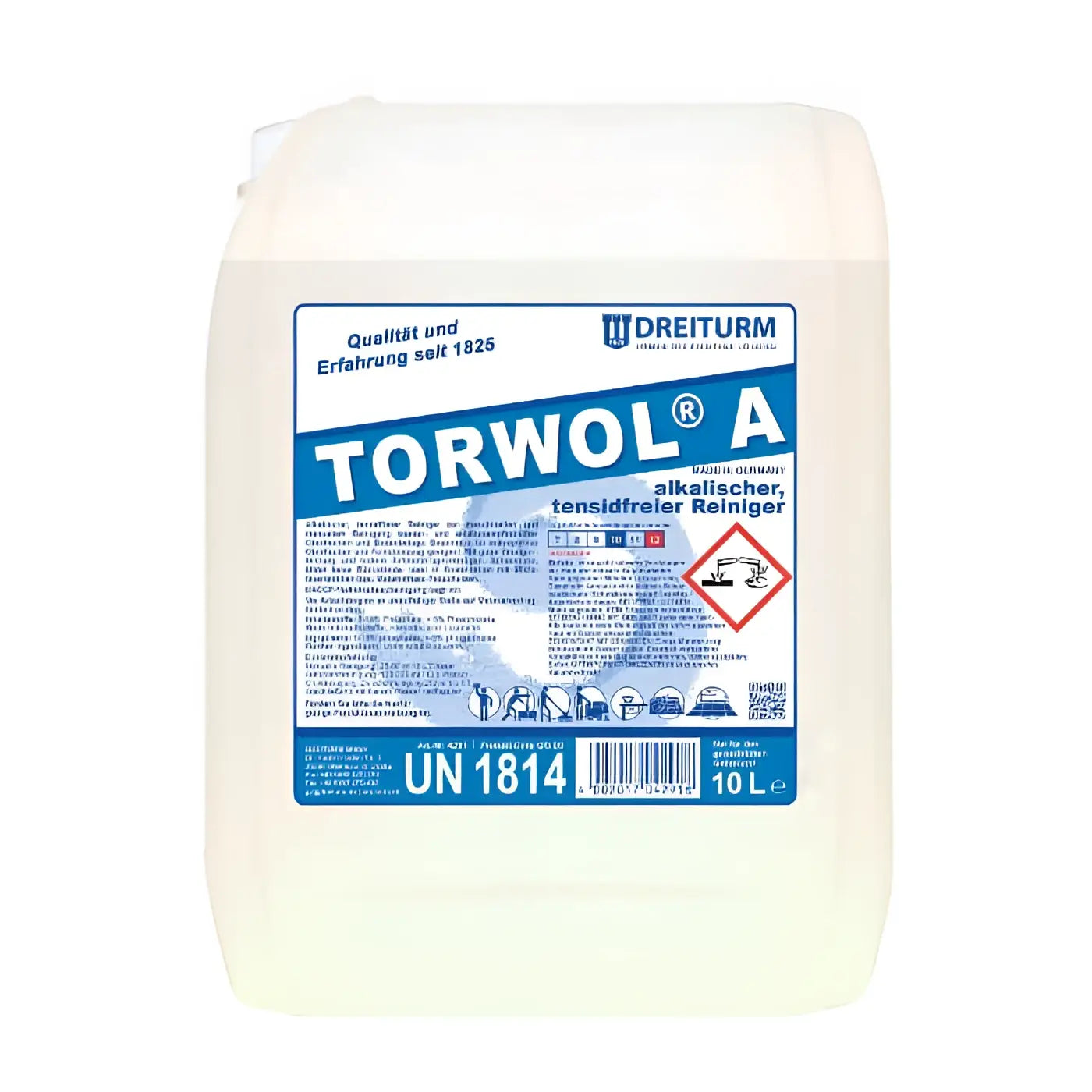 Weißer kunststoffkanister mit blau-weißem etikett und markenname torwol a für 10l dreiturm alkalischen tensidfreien reiniger