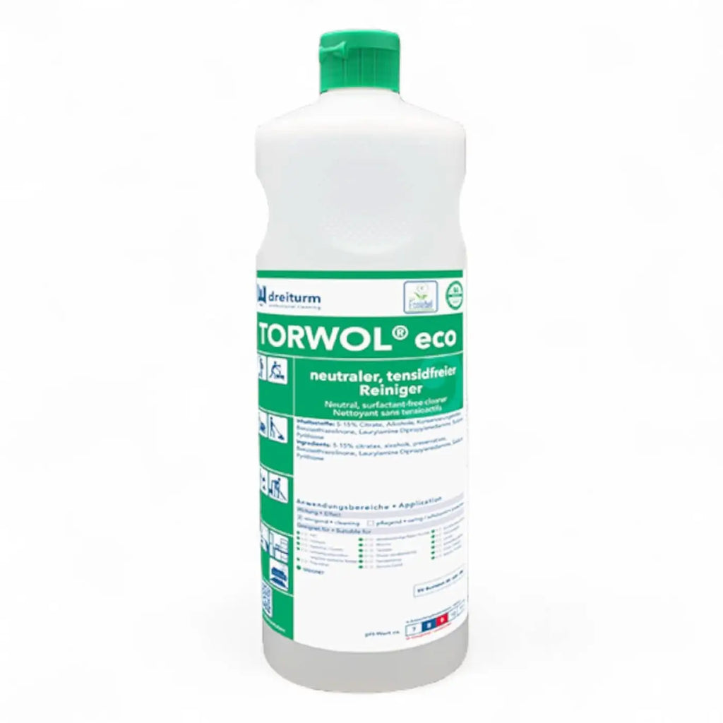 Weiß Kunststoffflasche mit grünem Deckel und Etikett des Torwol eco neutralen tensidfreien Reinigers 1l