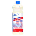 Weiße plastikflasche mit blauem deckel und rot weißem etikett der marke torwols für dreiturm tensidfreien sauren reiniger 1l