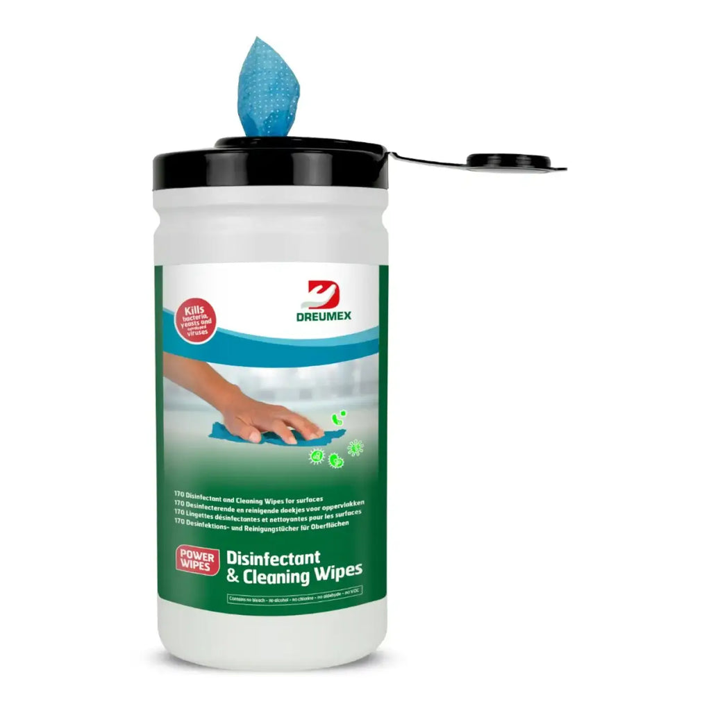 Ein weißer kunststoffbehälter mit schwarzem klappdeckel enthält blaue dreumex power wipes reinigungs- und desinfektionstücher