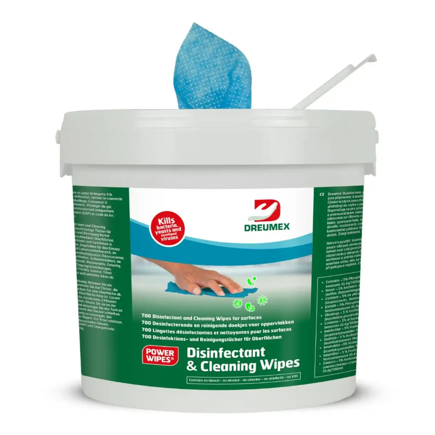 Weiße kunststoffverpackung mit grünem etikett und blauen punktierten wipes der dreumex desinfektions- und reinigungstücher