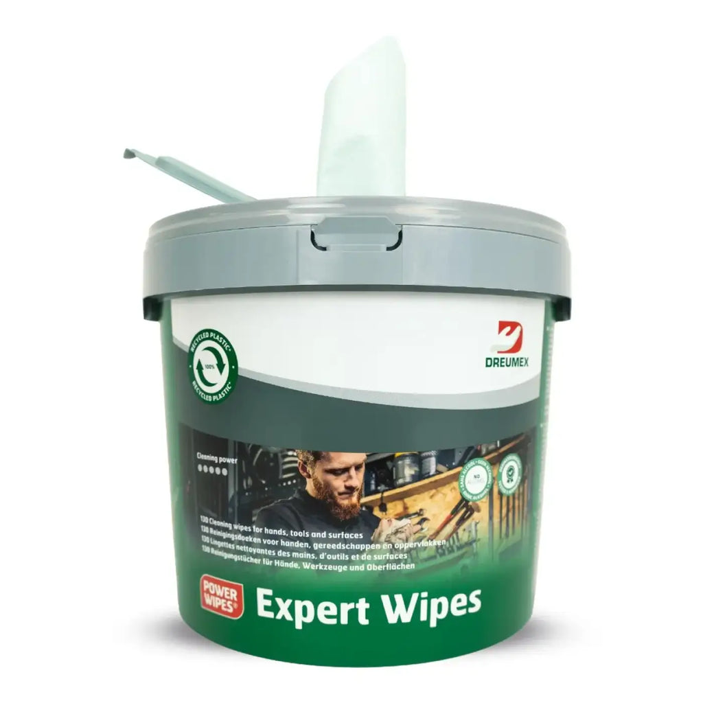 Grün-weiß plastikbehälter dreumex expert wipes mit grauem deckel und herausziehbarem spender für hand- und hautreinigung