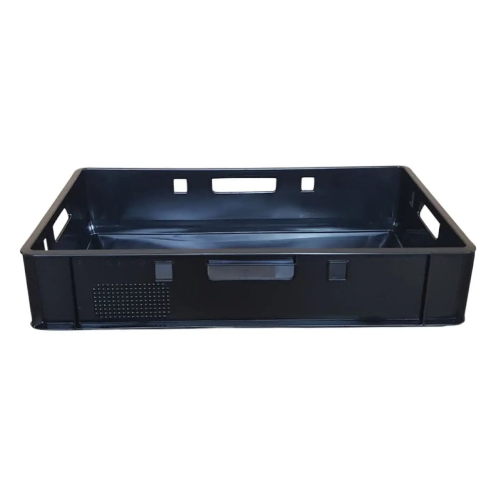 Schwarze eurobox 60x40x12,5 cm stapelbox aus hdpe mit integrierten griffen und perforierter seitenwand