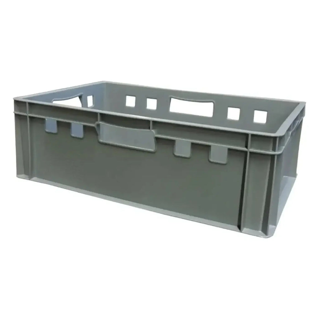 Graue eurobox stapelbox 60x40x12,5 cm aus hdpe mit integrierten griffen und quadratischen ausschnitten am oberen rand