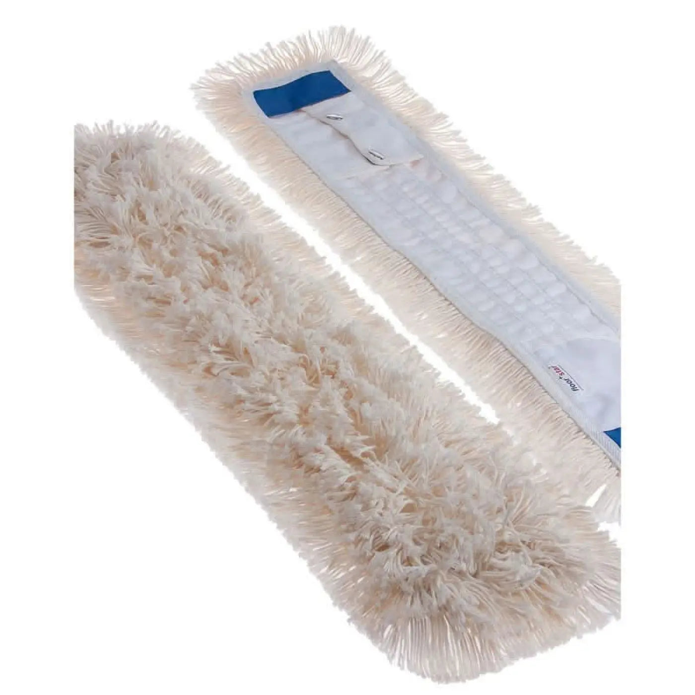 Creamfarbener fluffiger mikrofasermopp mit weißer Kunststoffbasis und blauen akzenten feuchtwisch-baumwollmopp florida