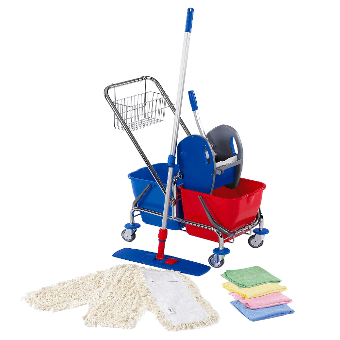 Floorstar fckm50 cleaning kit m 50cm solidae blaue und rote eimer mit metalrahmen und wringer auf rollwagen