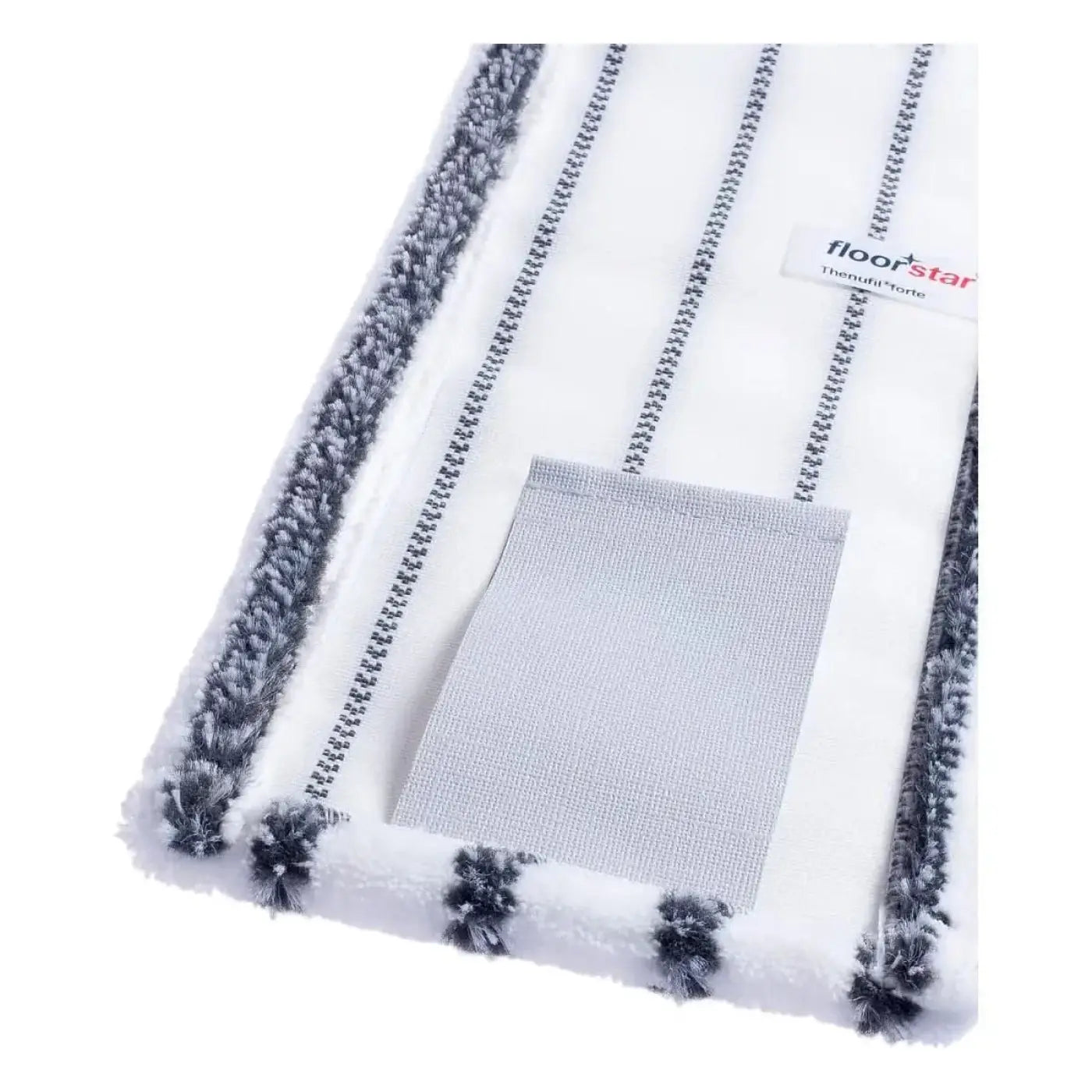 Weiß-grauer microfiber mopkopf mit strukturierter, flauschiger kante für floorstar microfasermopp thenufil forte lasche