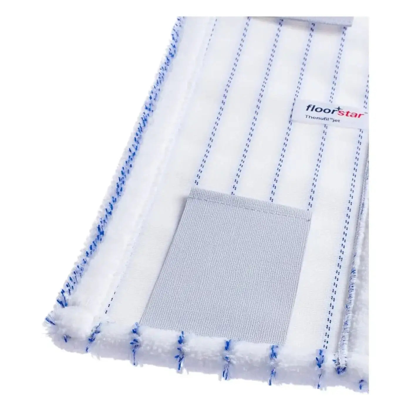 Floorstar microfasermopp thenufil jet lasche mit weiß-blau gestreiftem mikrofaserkopf und grauem thermojetschild