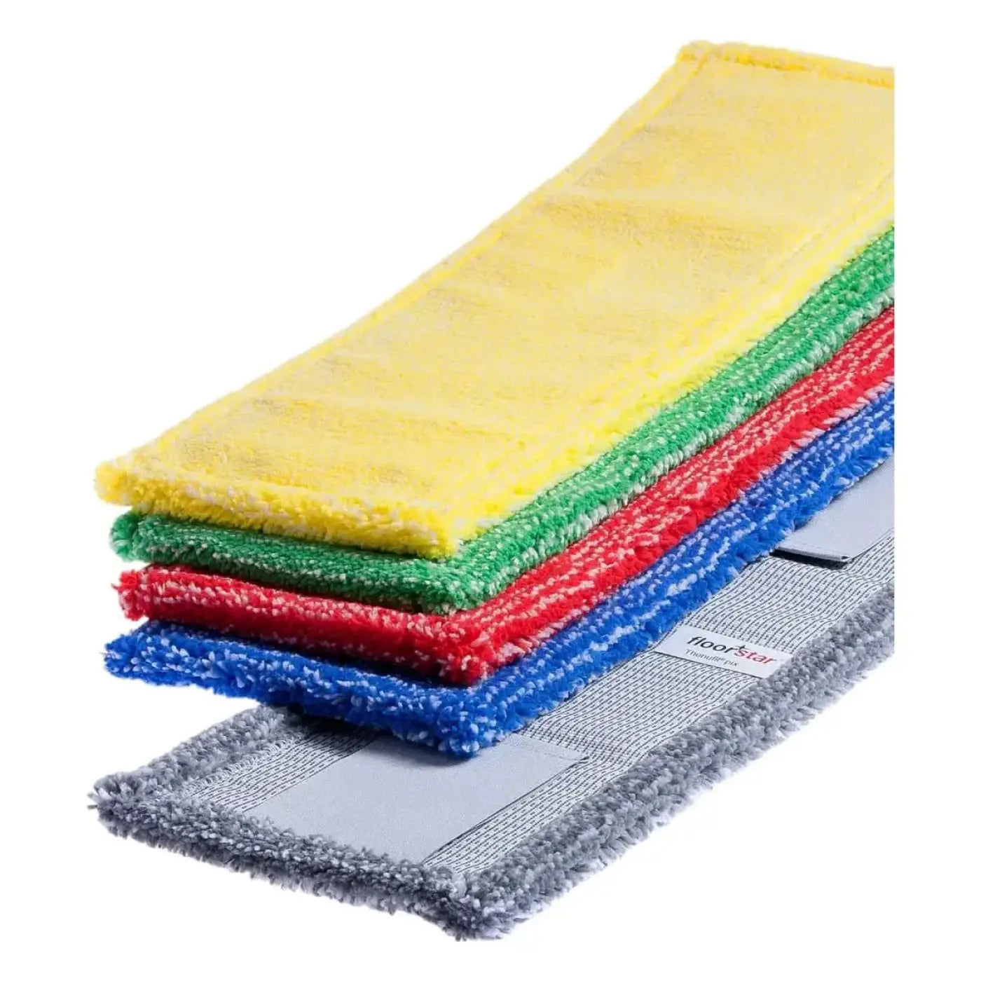 Gestapelte microfiber mop pads in gelb grün rot blau und grau mit strukturierter oberfläche für floorstar microfasermopp thenufil pix lasche