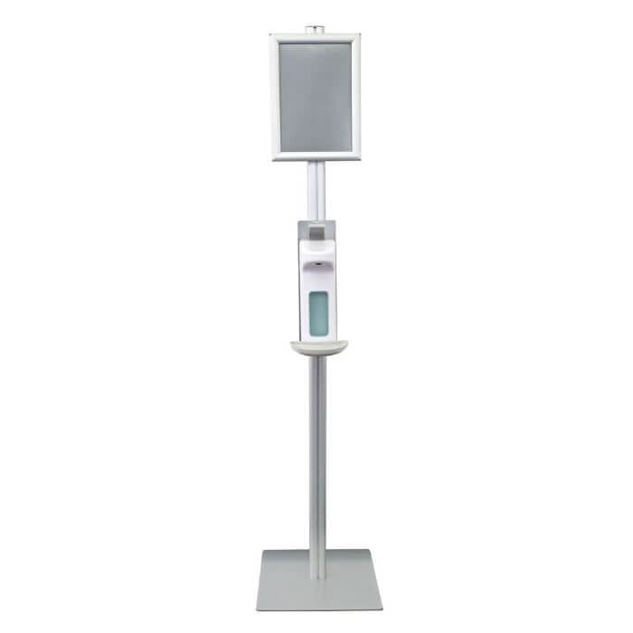 Weiße hygoclean desinfektionssäule aus aluminium mit armhebelspender und rechteckigem bildschirm in modernem design