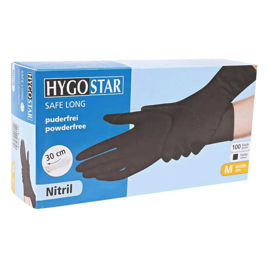 Hygostar safe long nitril handschuhe schwarz 30 cm lang puderfrei in originalverpackung mit 100 stück