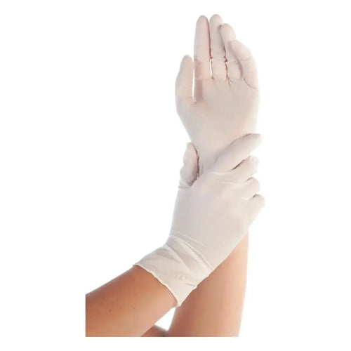 Weiße hygostar safe premium nitril-handschuhe aus latex für den medizinischen gebrauch in prüfungshandschuhqualität