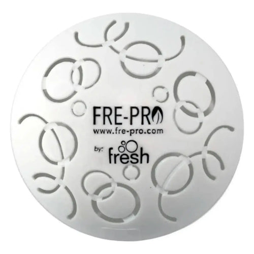 Weiße kreisförmige frepro easy fresh 2.0 raumduft abdeckung mit matter oberfläche und geprägt verzierten mustern aus kunststoff
