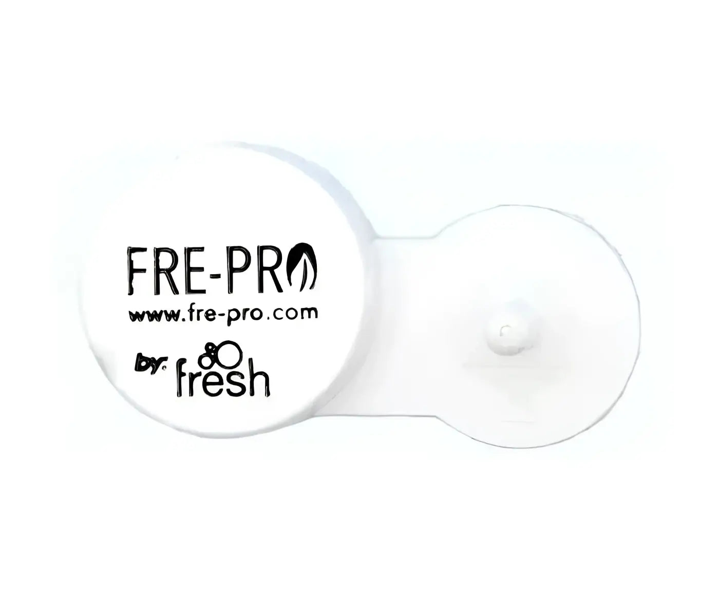 Weißer fre-pro kontaktlinsenbehälter von fresh aus kunststoff mit schwarzem logo und minimalistischem design