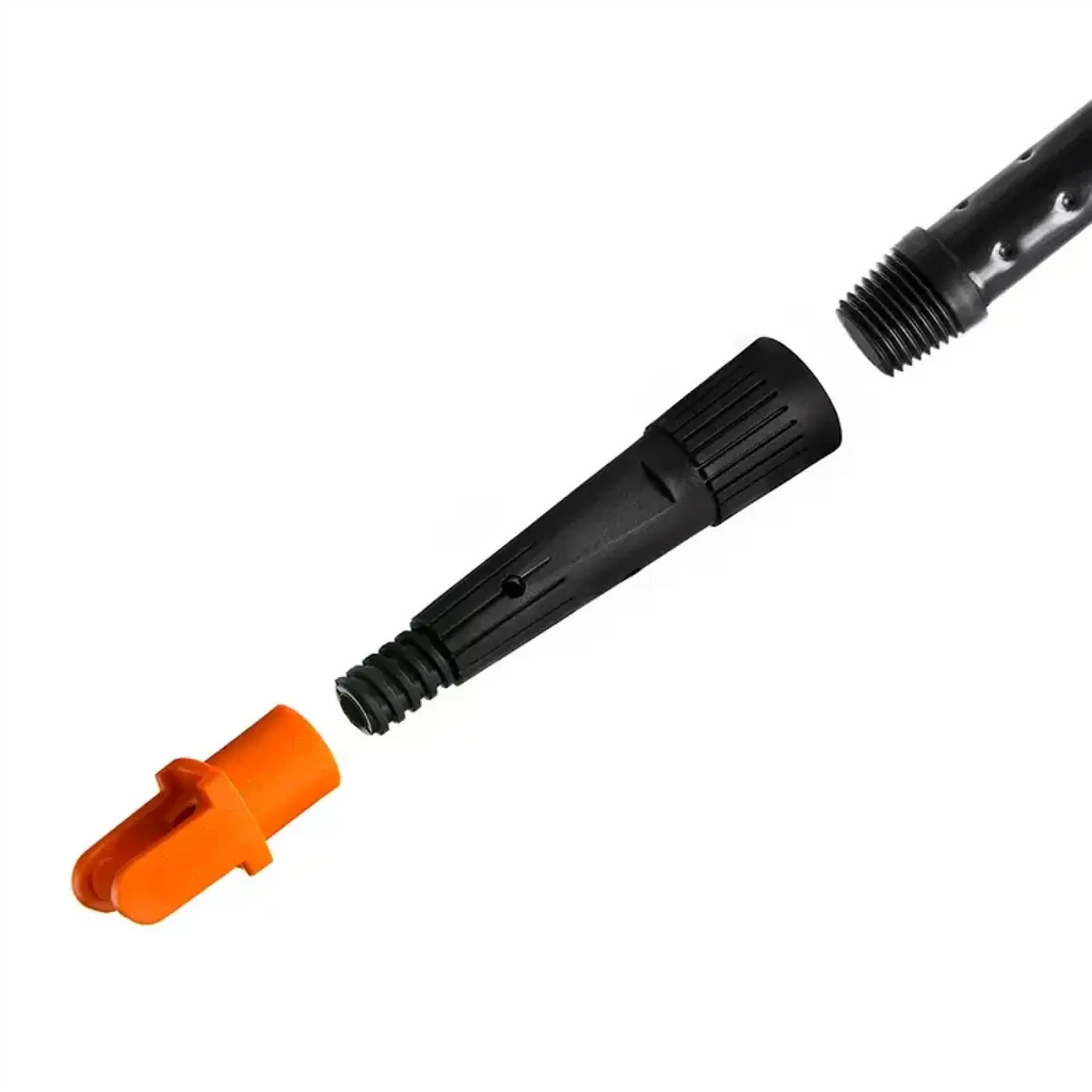 Schwarzer plastik-mopkopfaufsatz mit orangefarbener kappe und gewindeverbindung fuginator kombi-adapter 24mm