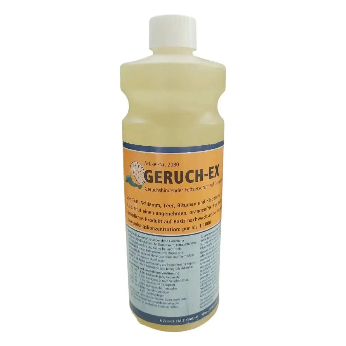 Ein lichtdurchlässiger gelber 1l geruch-ex orangenölreiniger mit weißem deckel und orange-blauem etikett
