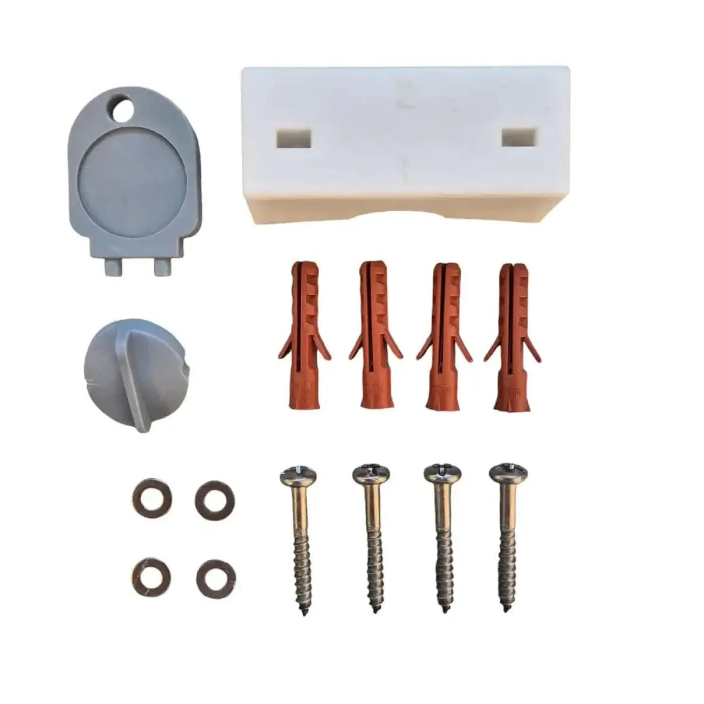 Grauer kunststoff wandmontierter toilettenspülkasten deckel und halterung mit vier orange expansionsankern vier metallschrauben und zwei schwarzen gummidichtungen für greven zubehörset für vario eco spender