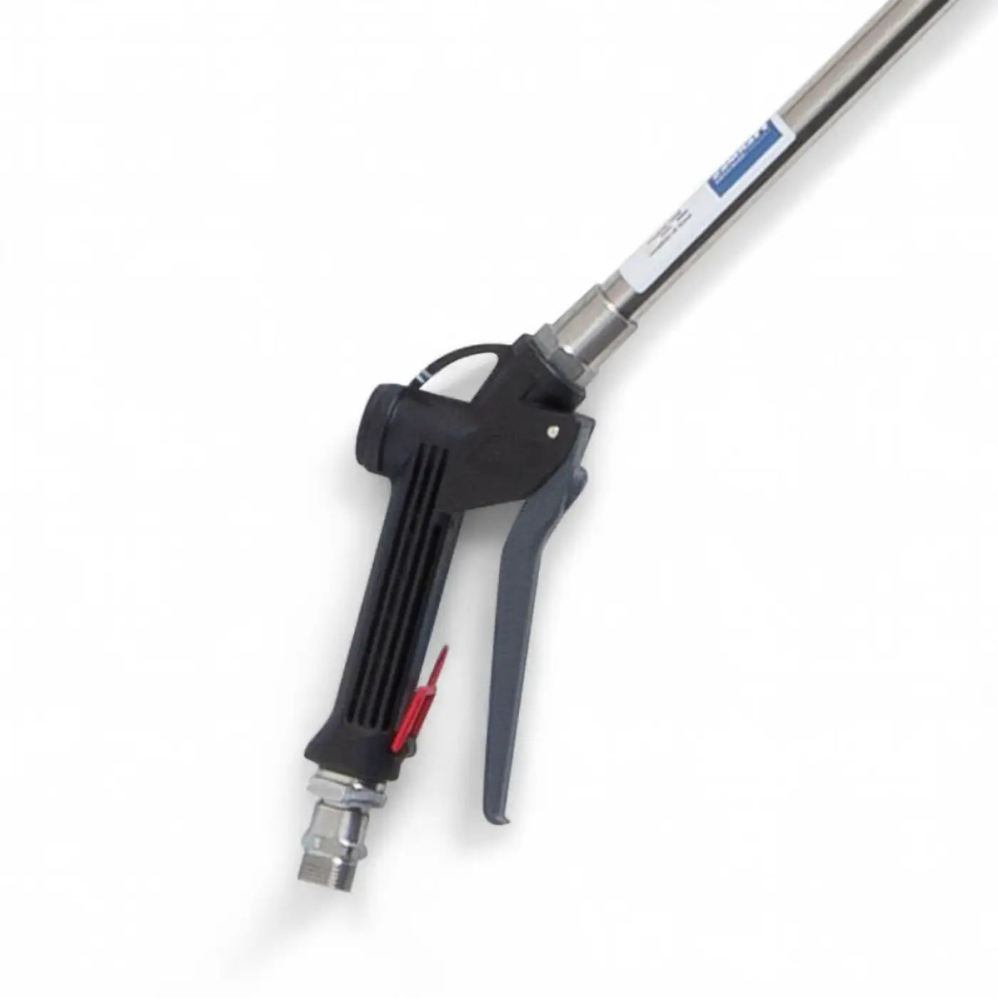 Black and gray industrial pressure washer nozzle with red trigger attached to metallic hose in hermes chemie teleskoplanze t2 professional