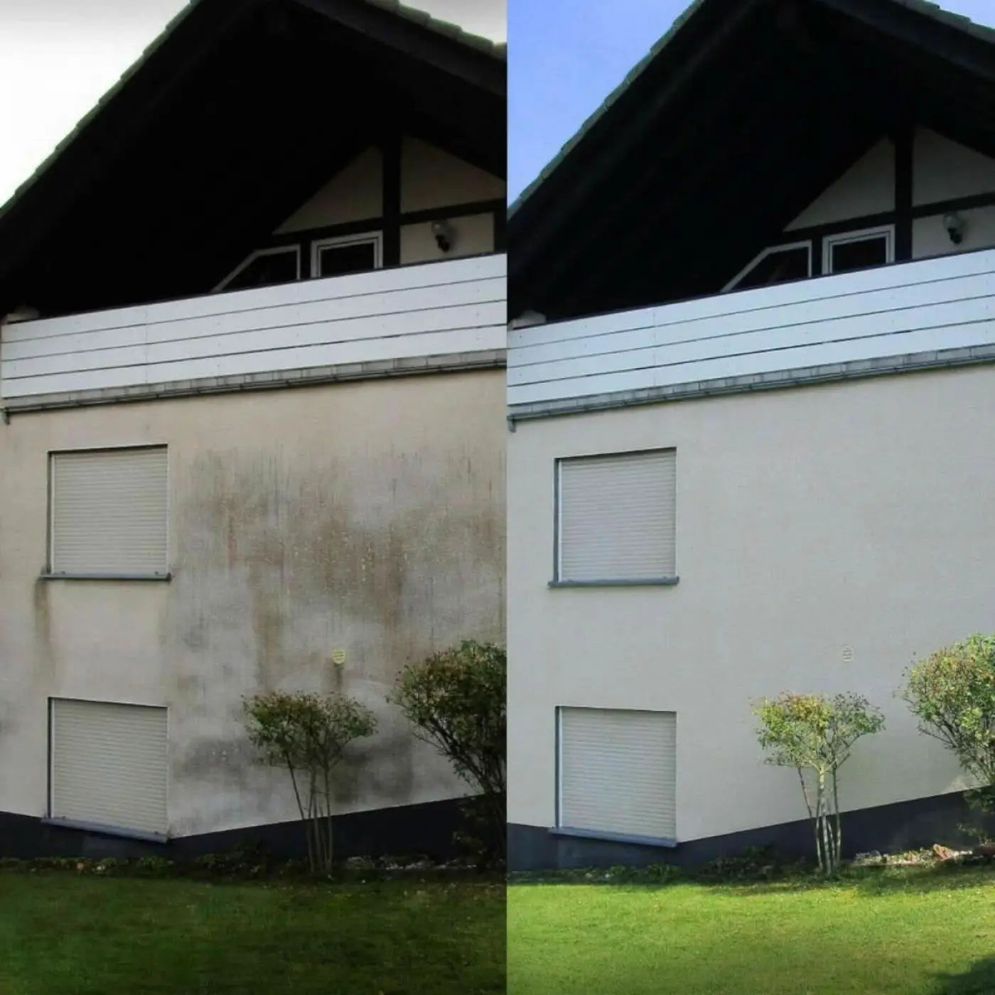 Hermes fassadenrein hf1 plus 20 liter zeigt modernes haus mit weißer verkleidung und dunklem rahmen