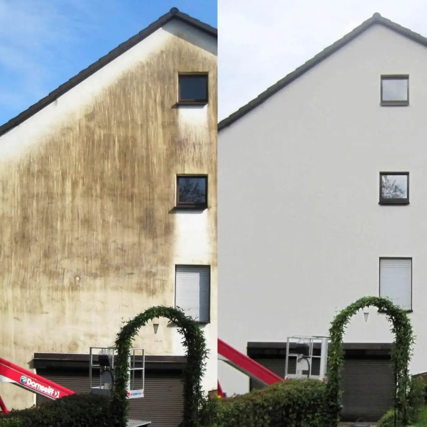 Fassadenwand vor und nach der reinigung mit hermes fassadenrein hf1 plus-5 konzentrat 20 liter, frisch weiß gestrichen