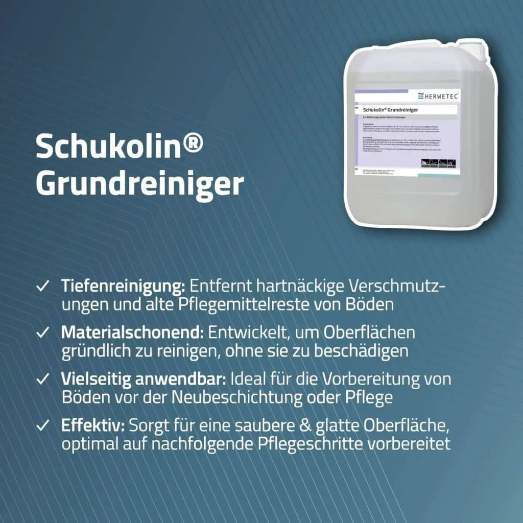 Ein durchsichtig weißer kunststoffkanister mit griff und ausguss, etikettiert hernetec schukolin grundreiniger 10 liter