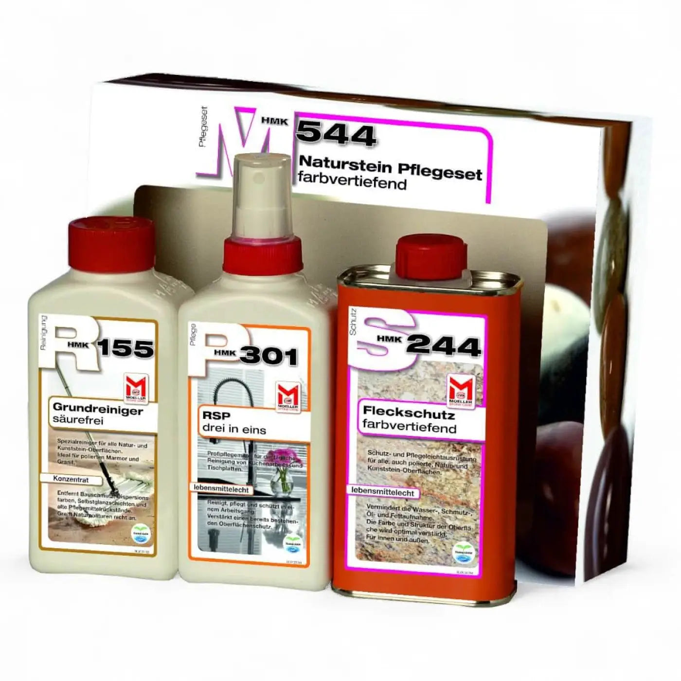Hmk 544 naturstein pflegeset mit säurefreiem reiniger, rsp 301 multifunktionsspray und farbvertiefendem pflegemittel