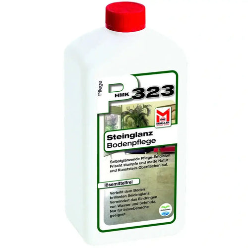Weiße plastikflasche mit rotem verschluss und grünem etikett für möller stone care hmk 323 steinglanz bodenpflege 1 liter