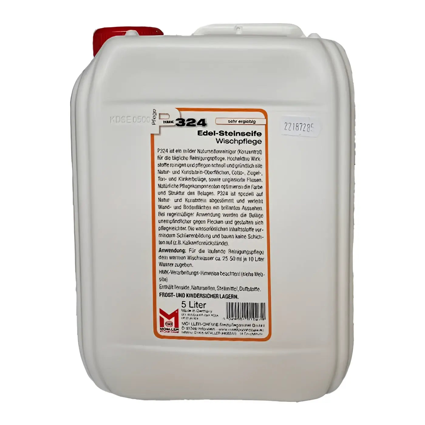 Weißer kunststoffkanister mit rotem deckel und orangefarbenem etikett für 5 liter hmk p324 edel-steinseife wischpflege