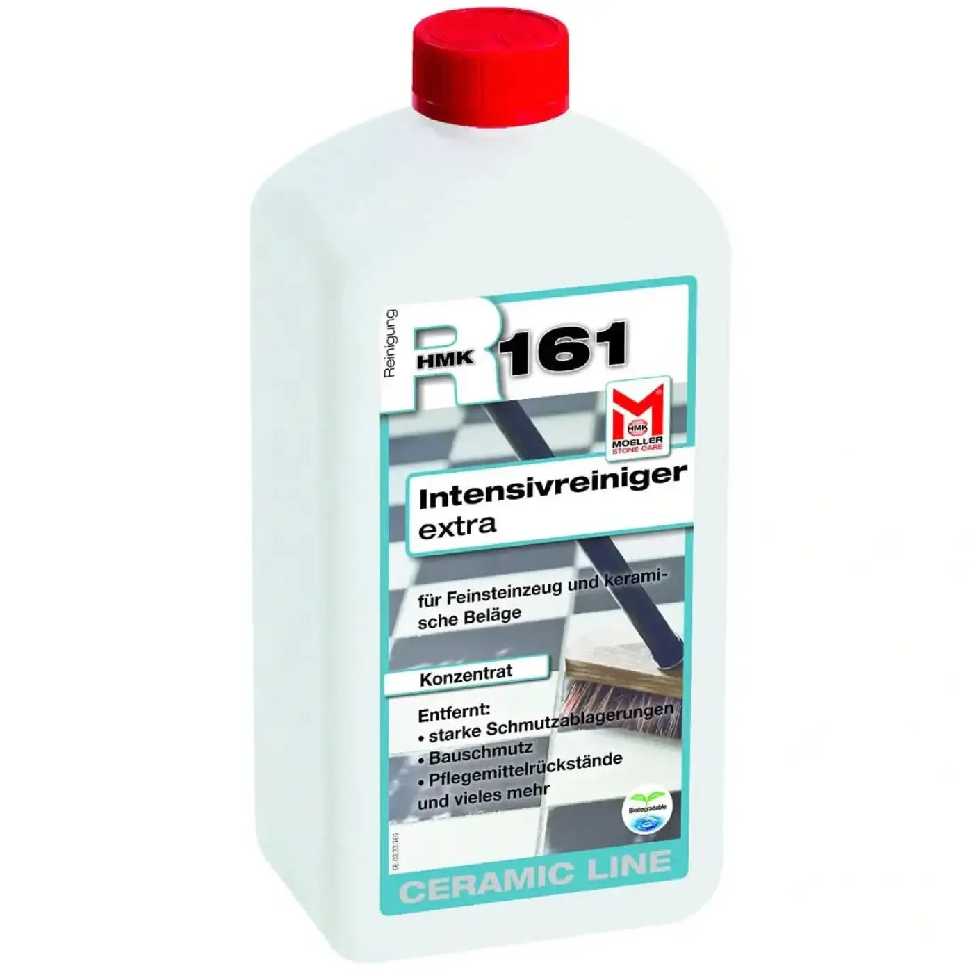 Weiße kunststoffflasche mit rotem deckel und türkisfarbenem etikett von möller stone care für intensive reinigung von stein- und keramikflächen hm k r161 feinsteinzeug intensivreiniger extra 1 l