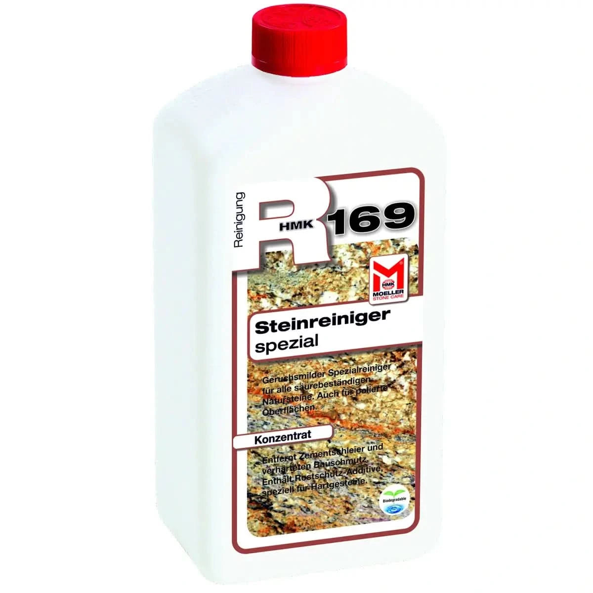 Weiße plastikflasche mit rotem deckel und hmK 169 steinreiniger spezial etikett von möller für säureresistente steine reinigung