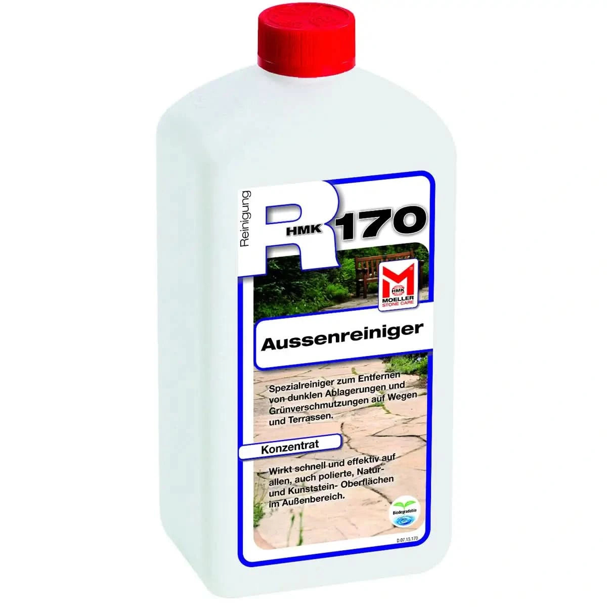Weiße plastikflasche mit rotem deckel und blauem etikett hmk 170 außenreiniger für steinflächen 1l