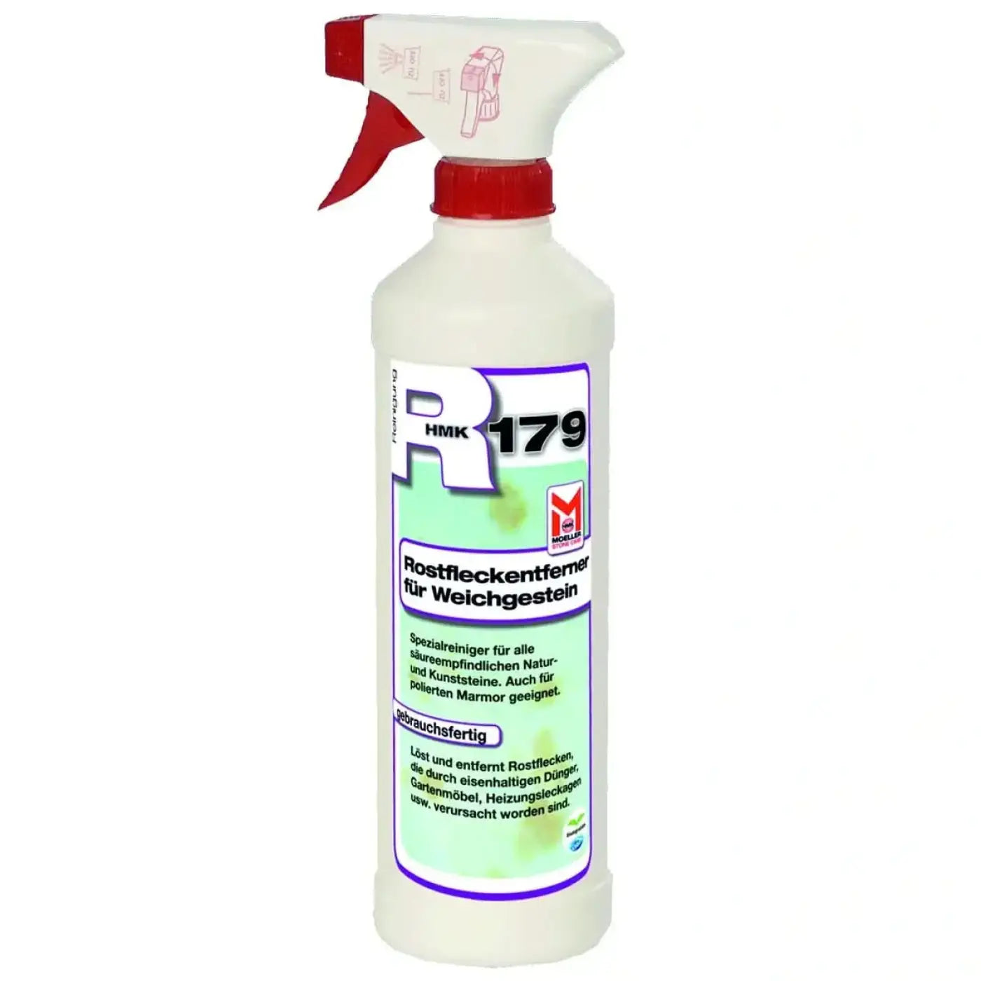 Weiße kunststoff-sprühflasche mit rotem griff und verschluss hmk r179 rostfleckenentferner für weichgestein 475ml